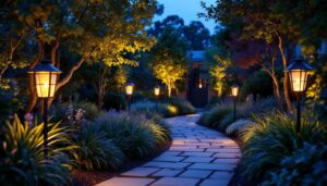 A photograph of a beautifully lit garden at dusk