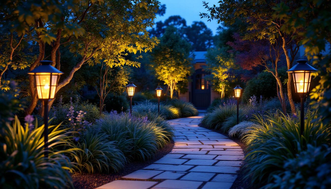 A photograph of a beautifully lit garden at dusk