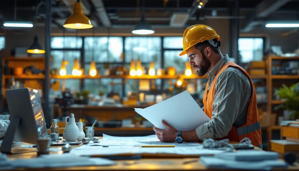 A photograph of a well-lit workspace showcasing t8 light bulbs in use