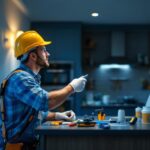 A photograph of a skilled lighting contractor replacing old can lights in a modern home
