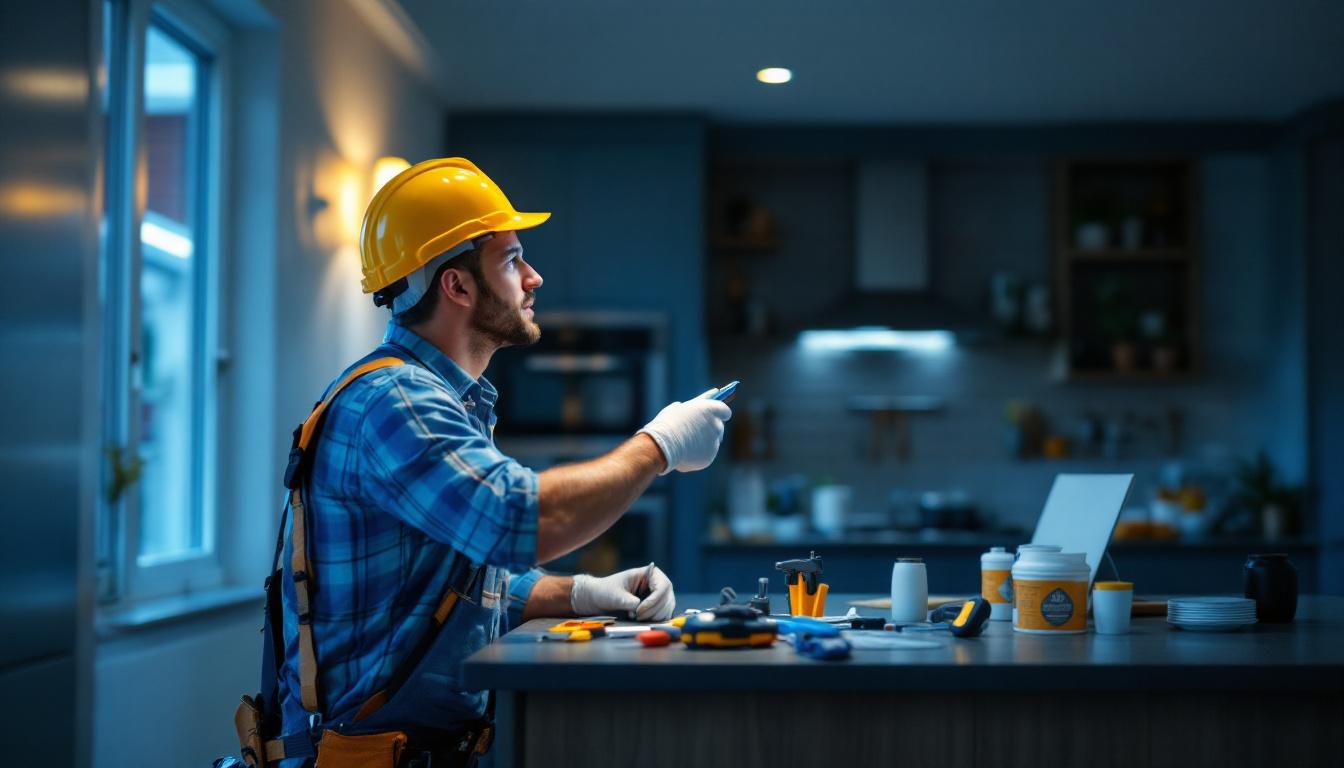 A photograph of a skilled lighting contractor replacing old can lights in a modern home