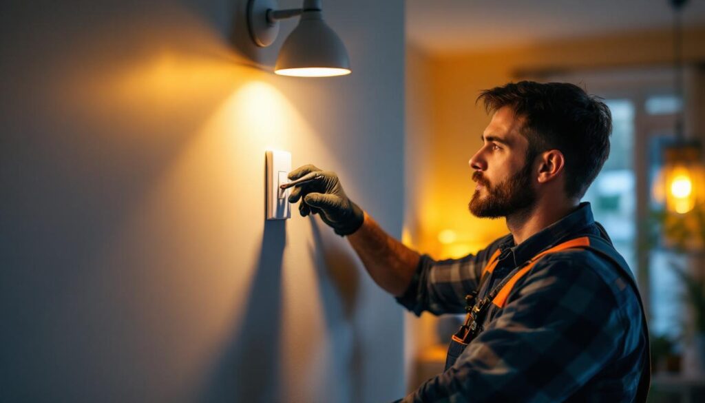 A photograph of a skilled lighting contractor installing a dimming light switch in a modern home setting