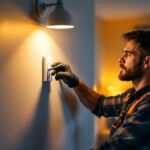 A photograph of a skilled lighting contractor installing a dimming light switch in a modern home setting