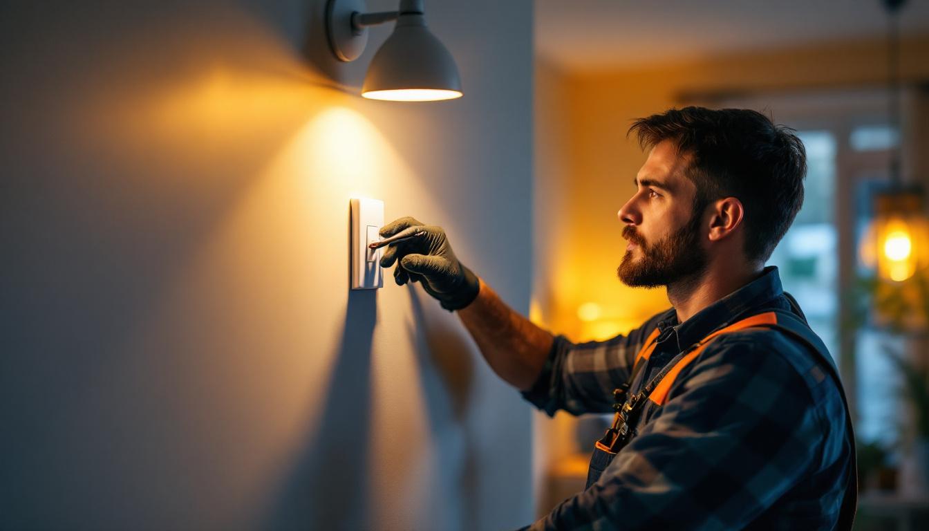 A photograph of a skilled lighting contractor installing a dimming light switch in a modern home setting