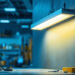 A photograph of a brightly lit workspace showcasing a modern led fluorescent fixture in action