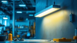 A photograph of a brightly lit workspace showcasing a modern led fluorescent fixture in action