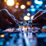 A photograph of a technician expertly installing a led light driver board in a modern lighting setup