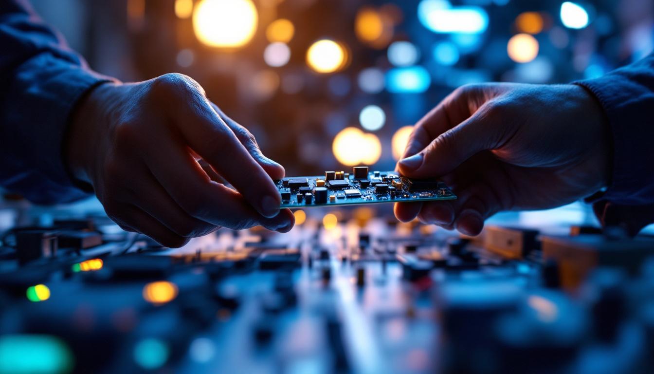 A photograph of a technician expertly installing a led light driver board in a modern lighting setup