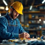 A photograph of a lighting contractor in action