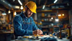 A photograph of a lighting contractor in action