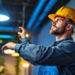 A photograph of a skilled lighting contractor installing bright led fixtures in a modern space