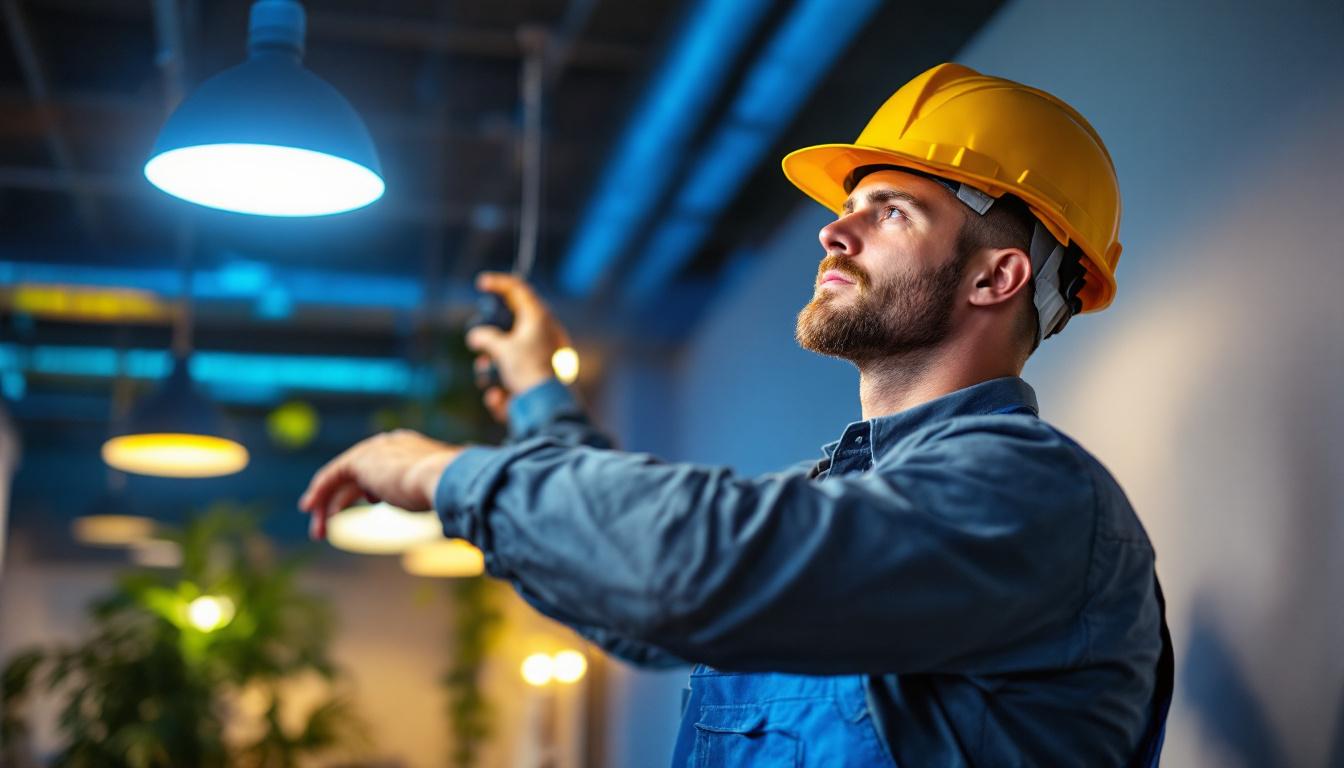 A photograph of a skilled lighting contractor installing bright led fixtures in a modern space