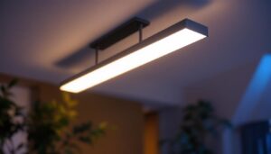 A photograph of a stylish ceiling bar light fixture installed in a modern living space