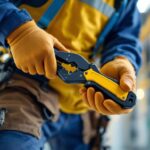 A photograph of a skilled lighting contractor using high leverage cable cutters in action