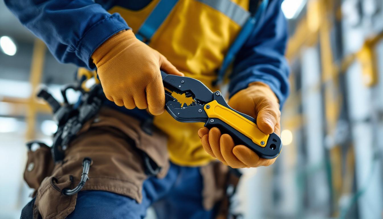 A photograph of a skilled lighting contractor using high leverage cable cutters in action