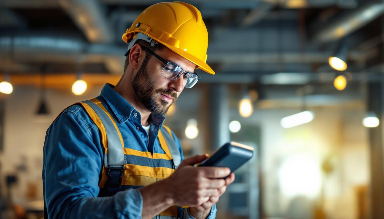 A photograph of a lighting contractor examining a well-lit space