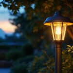 A photograph of a beautifully designed outdoor post lamp illuminating a modern garden or pathway at dusk