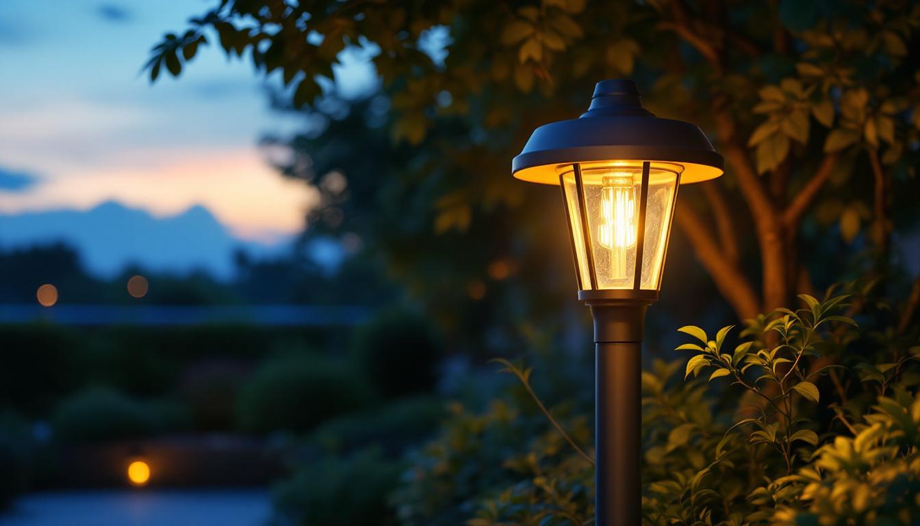 A photograph of a beautifully designed outdoor post lamp illuminating a modern garden or pathway at dusk