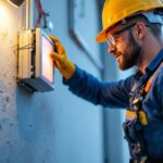 A photograph of a lighting contractor installing an emergency wall pack with battery backup on a commercial building