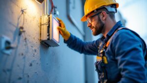 A photograph of a lighting contractor installing an emergency wall pack with battery backup on a commercial building