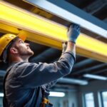 A photograph of a lighting contractor installing a fluorescent light fixture in a commercial space