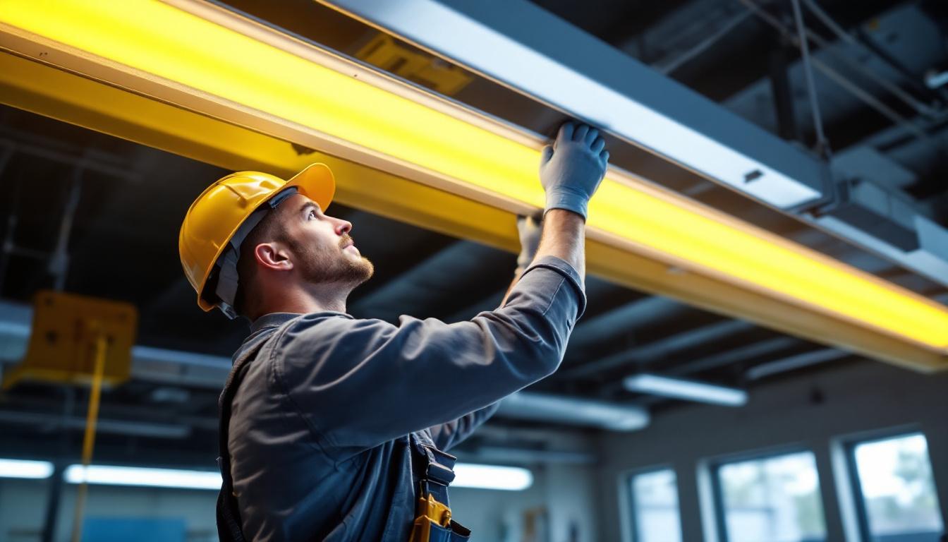A photograph of a lighting contractor installing a fluorescent light fixture in a commercial space