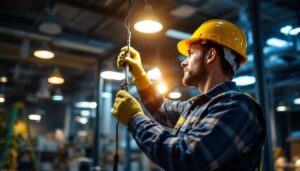 A photograph of a lighting contractor efficiently installing energy-saving h barn fixtures in a well-lit commercial space