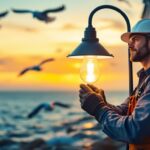 A photograph of a lighting contractor expertly installing or adjusting a stylish outdoor light fixture