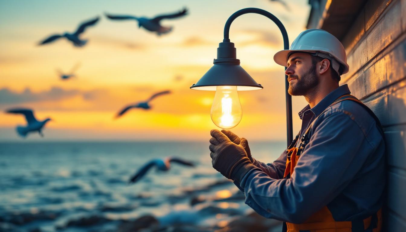 A photograph of a lighting contractor expertly installing or adjusting a stylish outdoor light fixture
