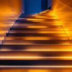 A photograph of a beautifully lit staircase showcasing various stair case lighting designs
