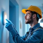 A photograph of a lighting contractor installing or adjusting a modern light sensor in a home setting