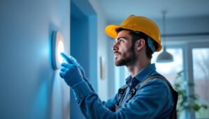A photograph of a lighting contractor installing or adjusting a modern light sensor in a home setting