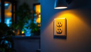 A photograph of a skilled lighting contractor installing a duplex convenience outlet in a well-lit residential setting