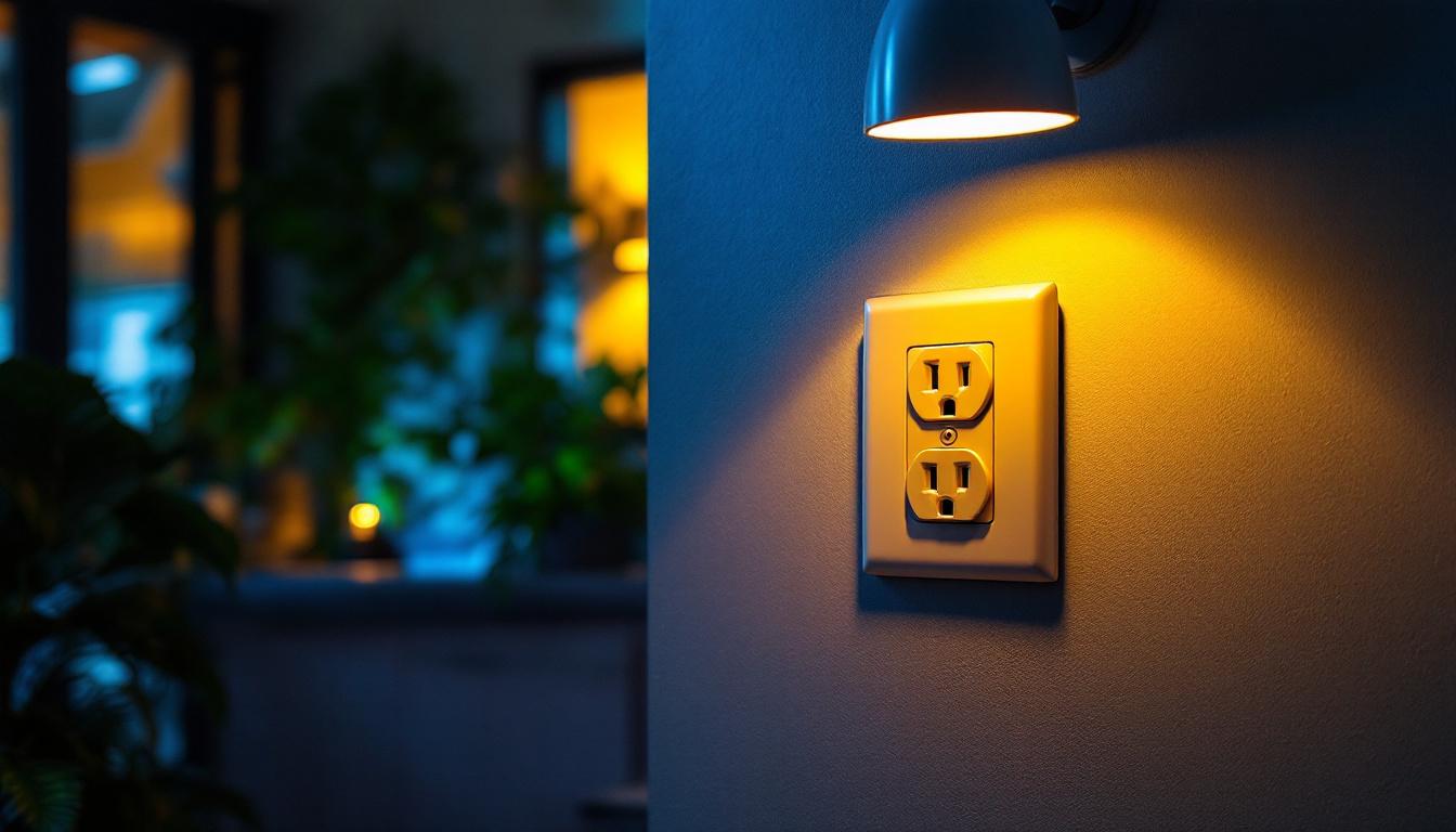 A photograph of a skilled lighting contractor installing a duplex convenience outlet in a well-lit residential setting
