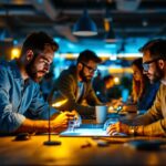 A photograph of a modern workspace showcasing a team of professionals collaborating on a lighting project