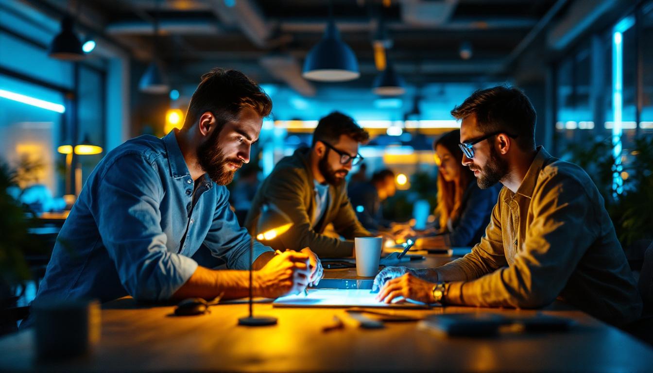 A photograph of a modern workspace showcasing a team of professionals collaborating on a lighting project