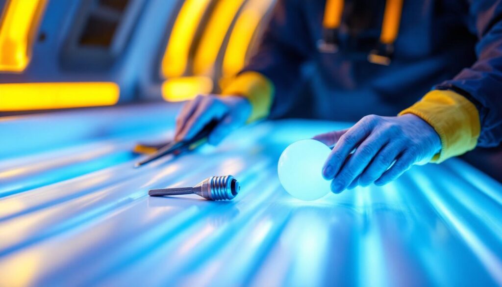 A photograph of a person carefully replacing tanning bed bulbs