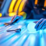A photograph of a person carefully replacing tanning bed bulbs