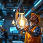 A photograph of a lighting contractor installing or showcasing a 4-foot light bulb in a commercial or industrial setting