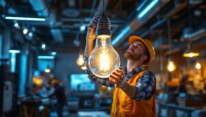 A photograph of a lighting contractor installing or showcasing a 4-foot light bulb in a commercial or industrial setting