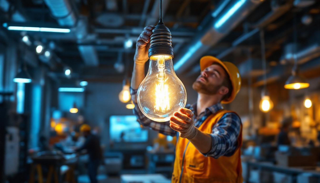 A photograph of a lighting contractor installing or showcasing a 4-foot light bulb in a commercial or industrial setting