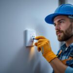 A photograph of a skilled lighting contractor efficiently installing an electric wall socket in a modern home setting