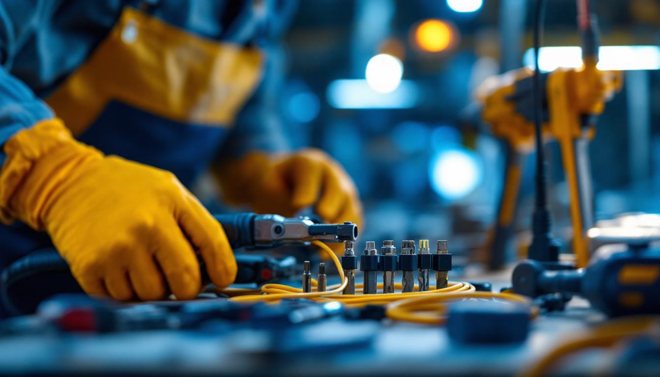 A photograph of a skilled electrician using a variety of electrical wire pulling tools in an active lighting installation