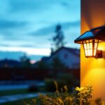 A photograph of a beautifully illuminated solar coach light installed in a residential outdoor setting