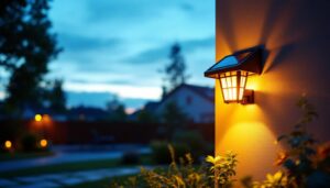 A photograph of a beautifully illuminated solar coach light installed in a residential outdoor setting