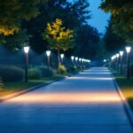 A photograph of a well-lit outdoor pathway equipped with motion-sensing lights