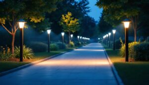 A photograph of a well-lit outdoor pathway equipped with motion-sensing lights
