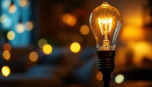 A photograph of a close-up of a flickering light bulb in a cozy home setting