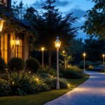 A photograph of a beautifully illuminated outdoor space featuring white post lights