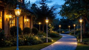 A photograph of a beautifully illuminated outdoor space featuring white post lights